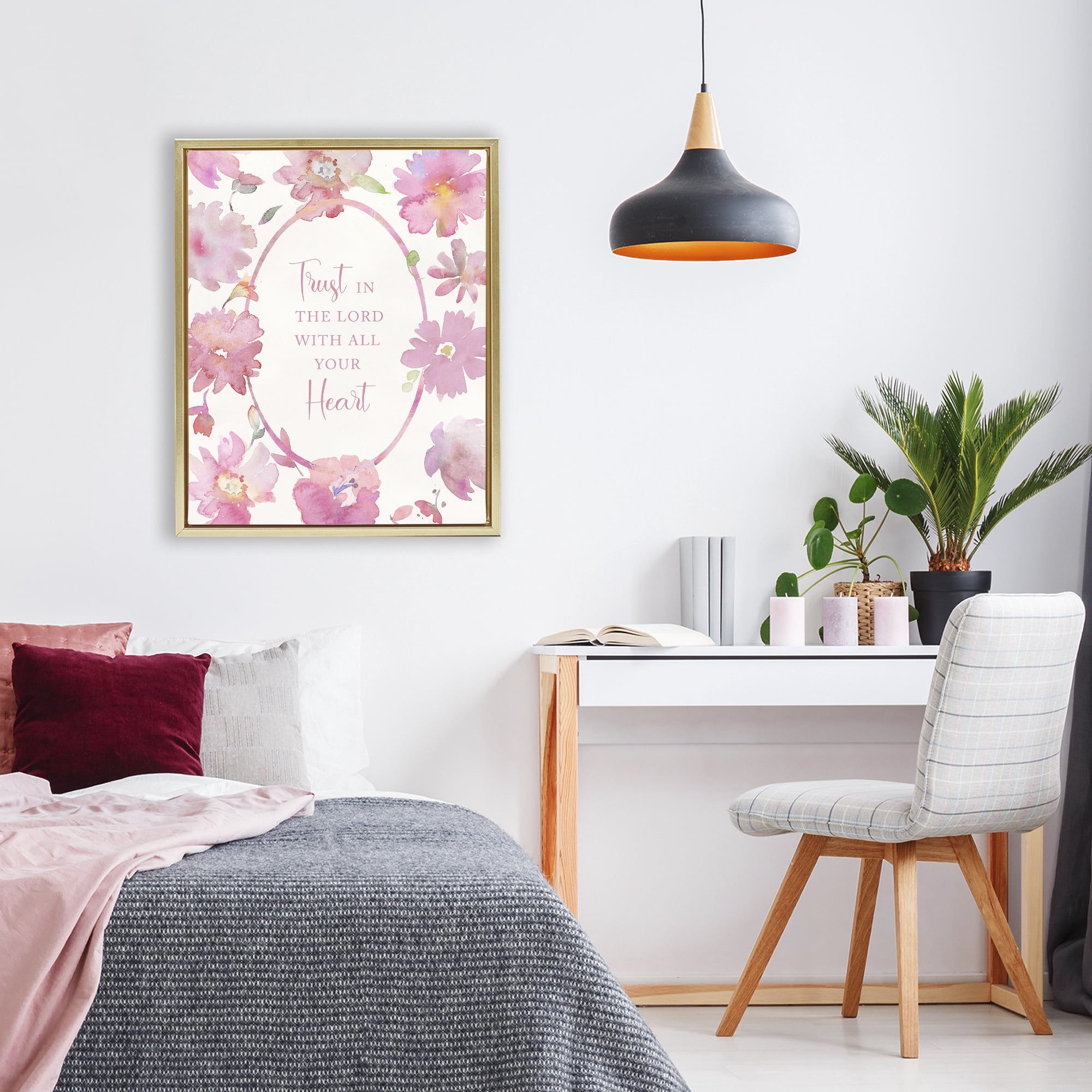 Stupell Industries Trust In The Lord Pink Blooms Gold Framed Floater Canvas Wall Art, design by Theresa Heidel