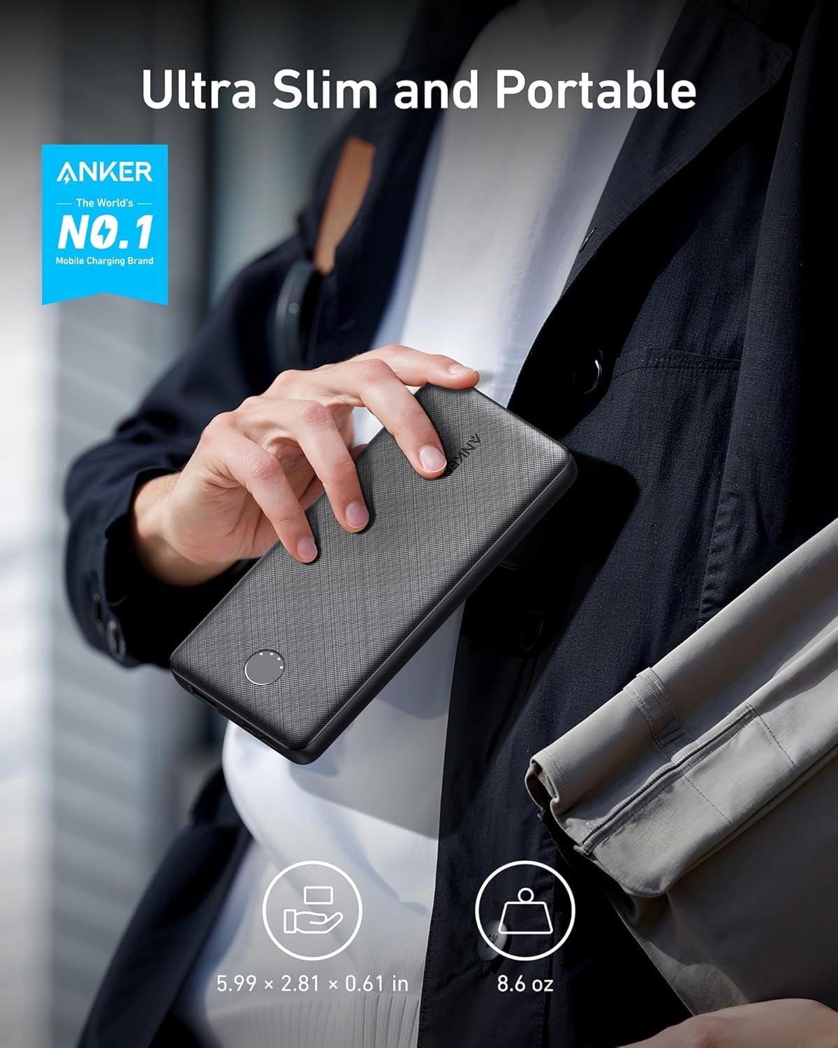 Power bank (PowerCore 10K), compact travel ready with a 10,000 mah battery pack