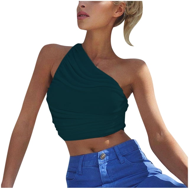 Nuevo chaleco liso plisado sin mangas con hombro inclinado corto sin tirantes Sexy para mujer Fridja qr2128