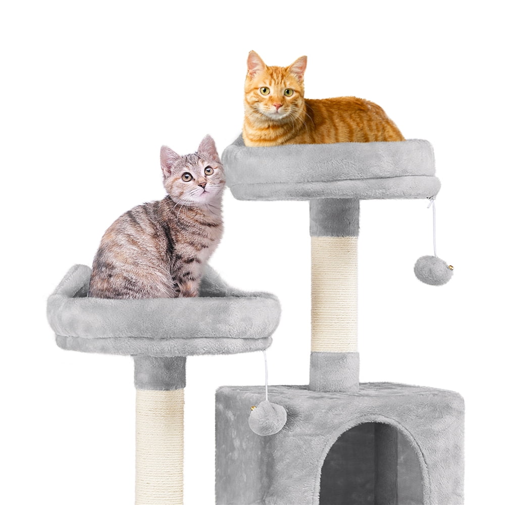Alden Design 62" Double Condo Cat Tree and Scratching Post Tower, Light Gray