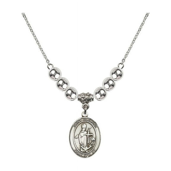 18-Inch Rhodium Plated Necklace with 6mm Sterling Silver Beads and Saint Clement Charm