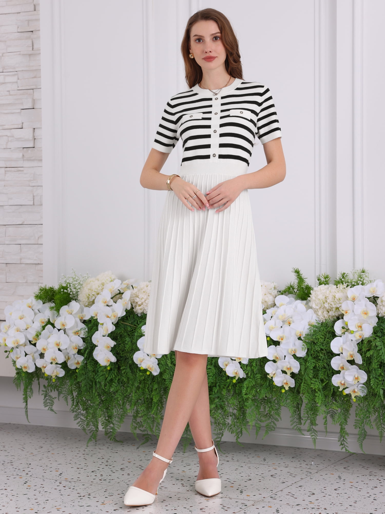 DARING DIVA A-Line Knit Striped Pleated Ribbed Sweater Dress L Black