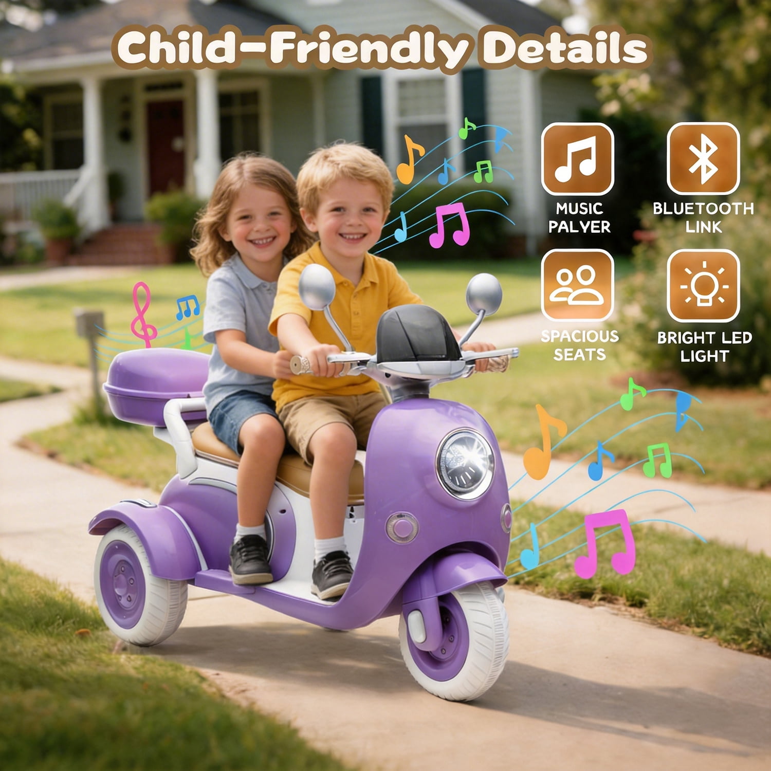 Track Seven 12V Ride on Motorcycle, 2-Seater Electric Motorcycle with Dual Motor, 3 Wheels Motorbike with Bluetooth, LED Lights, Storage Box, Front Hook, Ride on Toy Car for Boys Girls Aged 3+
