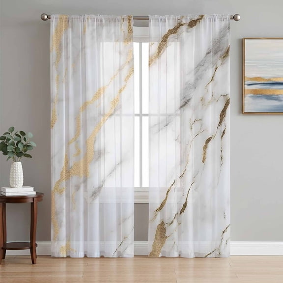 White Gold Marble Sheer Curtains 84 Inch Length 2 Panels Set, Abstract Simple Geometric Voile Window Treatment Rod Pocket Curtains Sheers Drapes for Bedroom/Living Room/Kitchen 52"x84"x2