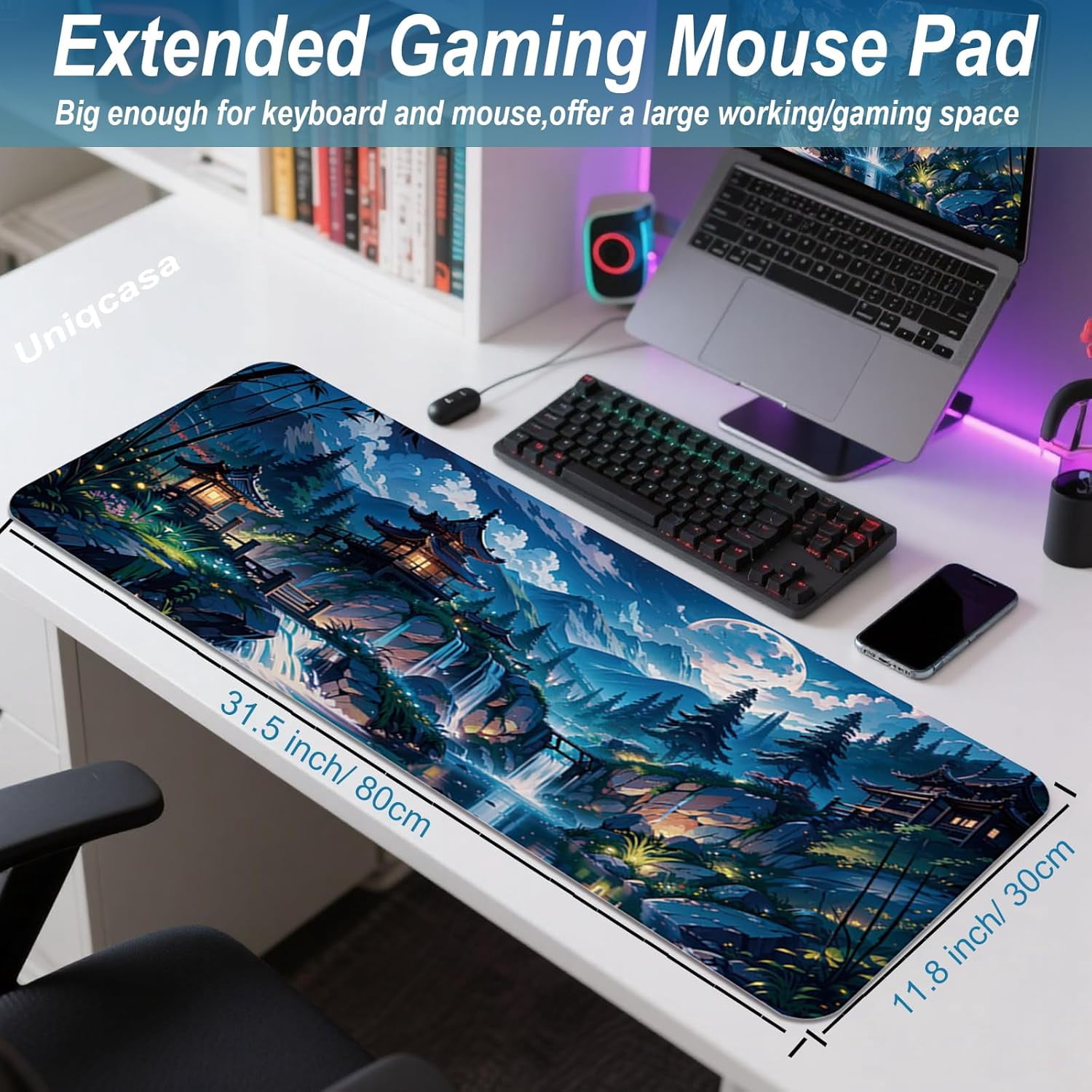 Gaming Mouse Pad 31.5x11.8 inch XL Large Extended Mouse Pad, Big Mousepad Desk Mat for Computer with Non-Slip Rubber Base and Stitched Edge-Blue Moon