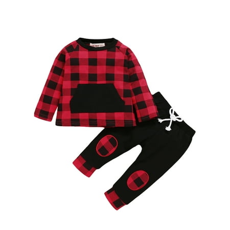 

Ma&Baby 2 Piece Outfit Newborn Babys - Long Sleeve Plaid Top Pants Red 6-9 Months