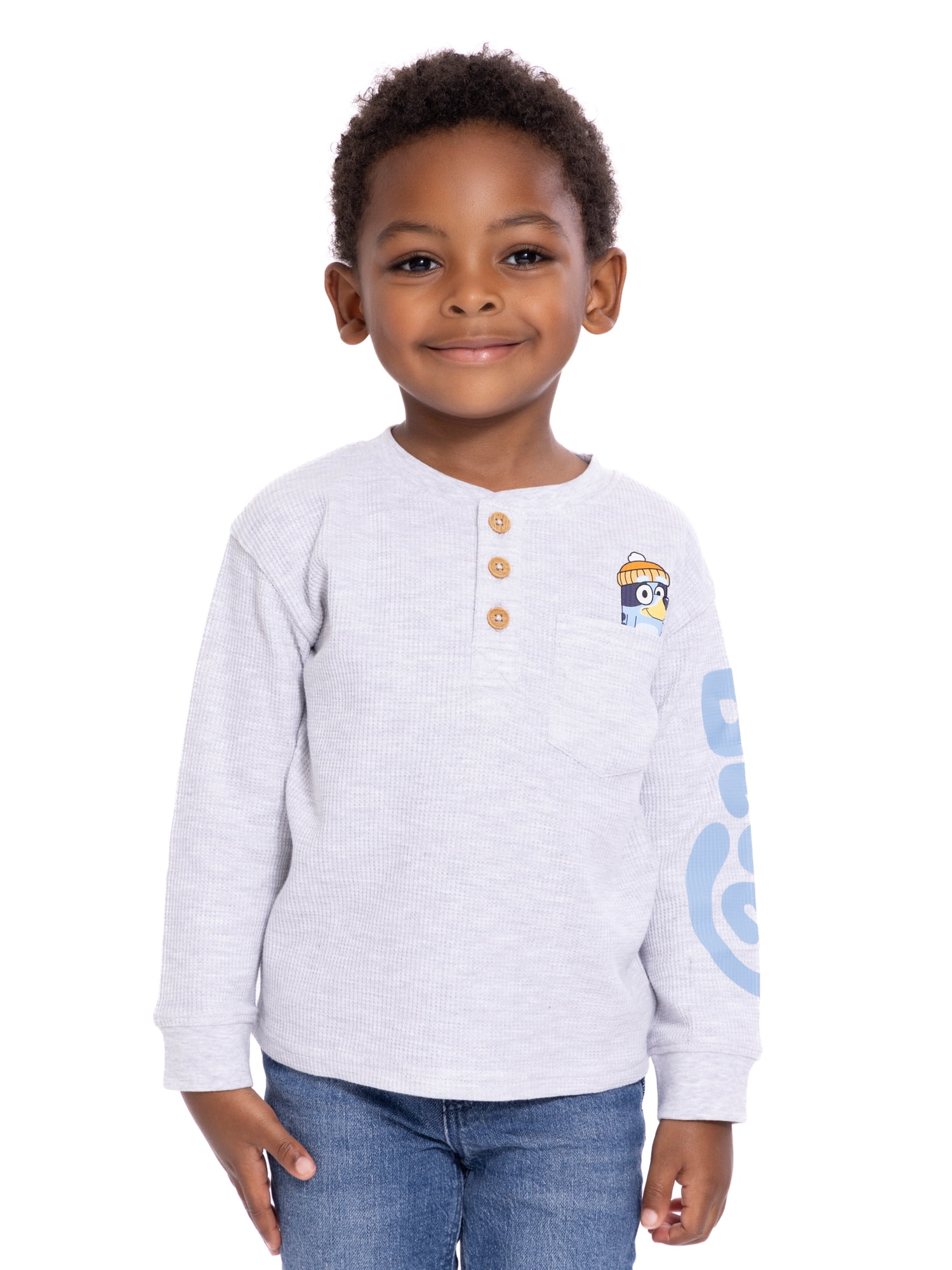 Bluey Toddler Boys Holiday Thermal Henley Shirt with Long Sleeves, Sizes 12M-5T