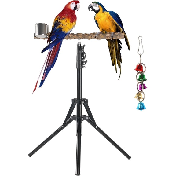 Adjustable Bird Perch Stand, 16-62 Inch Height Adjustable Bird Training Perch Stand with Feeding Cups and Swing Toy, Natural Pepper Wood Parrot Perch Toy for Small Medium Birds Indoor Outdoor Use