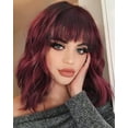 thumbnail image 3 of RightOn Wine Red Wig Black Red Ombre Wig for Women Short Curly Wavy Wig Wine Red Wig with Bangs Synthetic Wigs with Wig Cap, 3 of 9