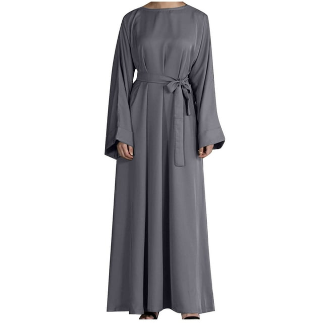 Abaya Kaftan pour Femmes Robe Musulmane Couverture Complète Robe Ethnique de l'Aïd Fluide Élégante Ceinturée Plissée Longue Robe