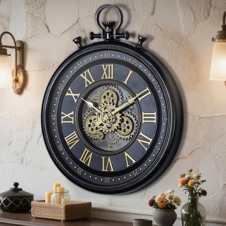 Industrial Steampunk Wall Clock With Moving Gears Carbon Black 24 Inch