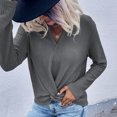 thumbnail image 4 of Top de mujer con dobladillo torcido de punto, manga larga, color puro, informal, cuello en V, suéter suelto de otoño, gris oscuro S, 4 of 8