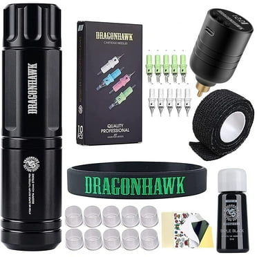 DRAGONHAWK Complete Tätoo Pen Kit Rotary Atom M1 Machine Power Supply 20Pcs Cartridges Needles Foot Pedal