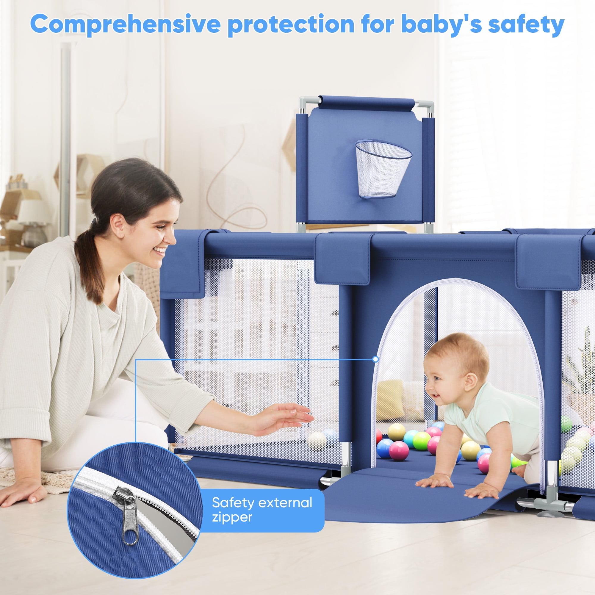 babyeap Baby Playpen,73 Inch Extra Large Baby Playard,Playpen for Babies and Toddlers With Basketball Hoop,Children Kids Play Fence for Indoors Outdoors,Blue