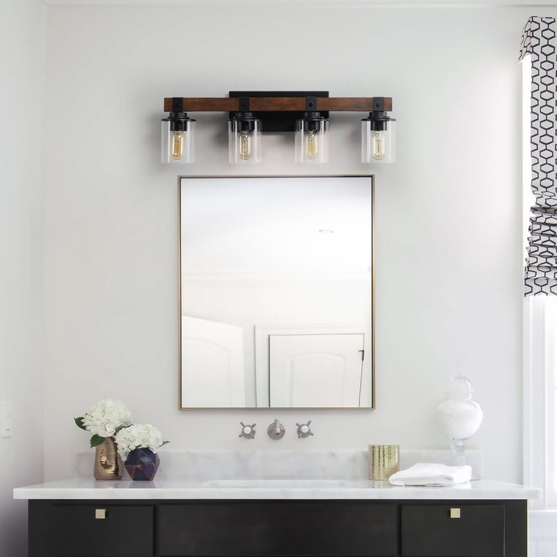 Rustic Farmhouse Vanity Light Industrial Bathroom Wall Sconce with Glass Shades and Wood Accent Lighting Fixture (No Bulbs)