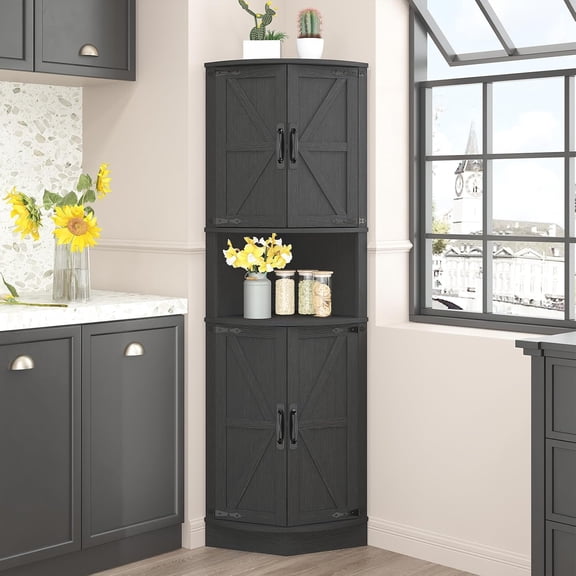 64.8" Tall Farmhouse Corner Cabinet with 4 Doors and 5 Storage Shelves, Farmhouse Storage Cabinet with Barn Door Design, Home Space Saver for Living Room, Kitchen, Laundry Room,Black