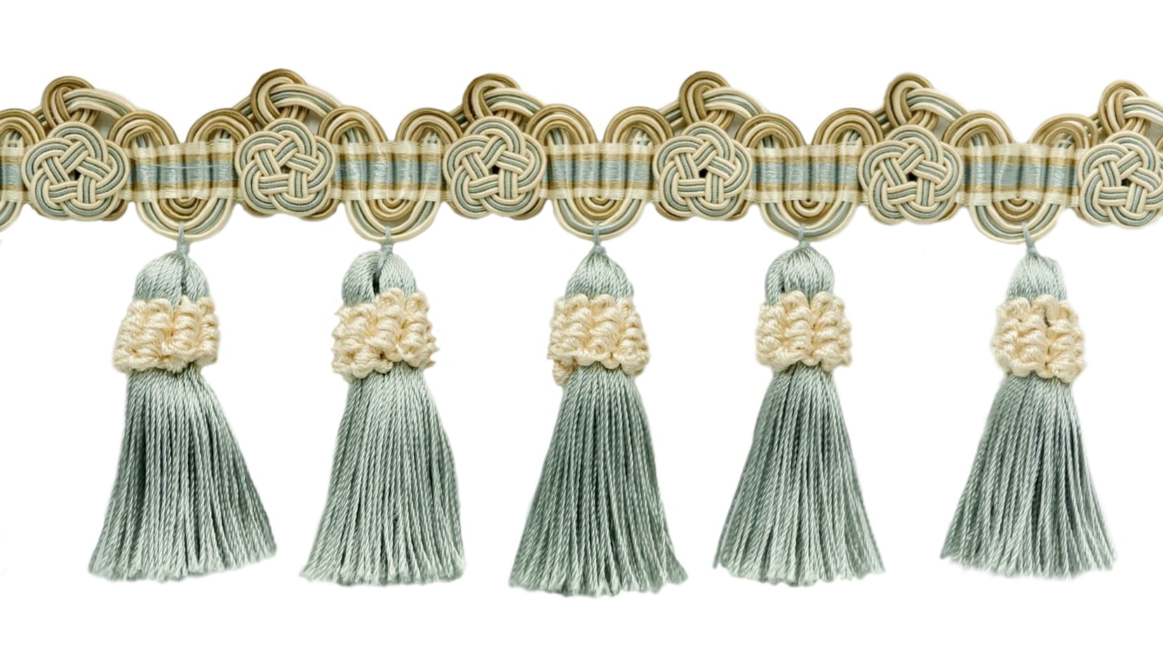 3.75 Inch White, Blue, Gold Tassel Fringe Trim with Rosettes / Style