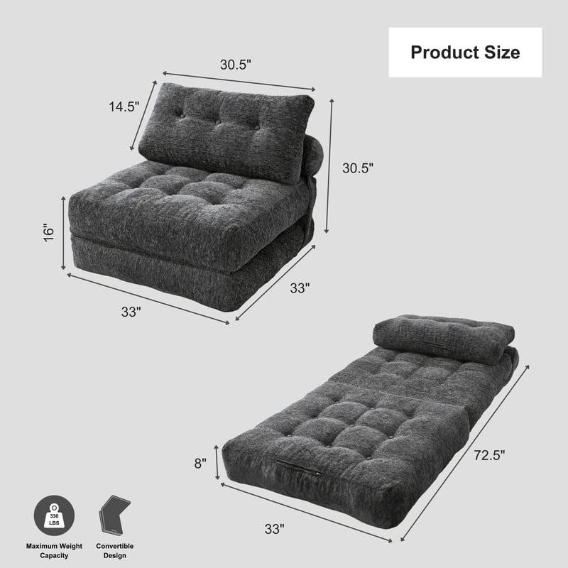 Oak and Birch Boneless Folding Sofa Bed, Convertible Floor Futon Chaise Lounge & Sleeper Bed, Shredded Foam Floor Couch for Living Room, Bedroom, Kids Room, Apartment, Chenille, Charcoal
