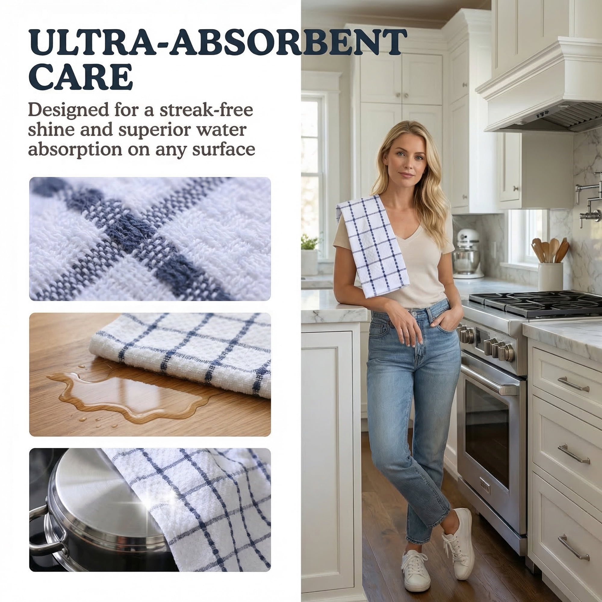 Unique Bargains 4 Pack Kitchen Towels Plaid 100% Cotton Quick Dry Blue/Green 25" x 15"
