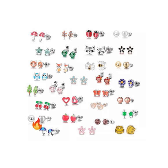 Aretes 30 Pares Frutas Animales Lindos Colores Acero Set