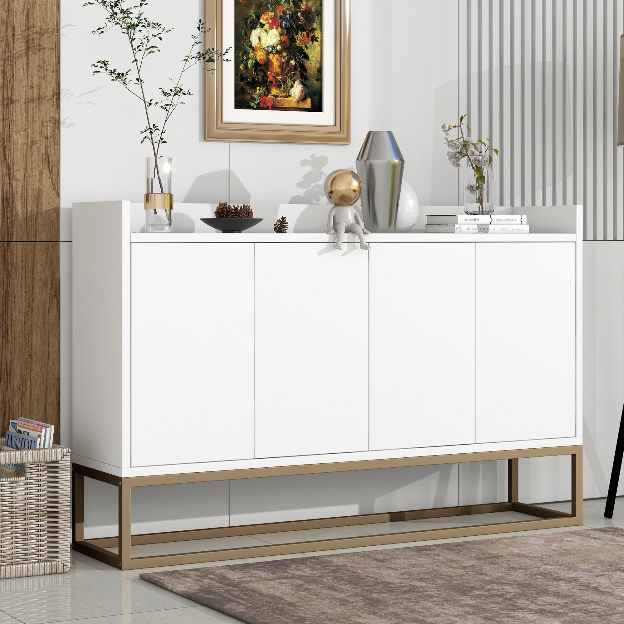 EUROCO 47.2'' Modern Sideboard Storage Buffet Cabinet, Particle Board Buffet Cabinet with 4 Doors, Adjustable Shelves and Gold Metal Legs for Dining Room, Entryway, White