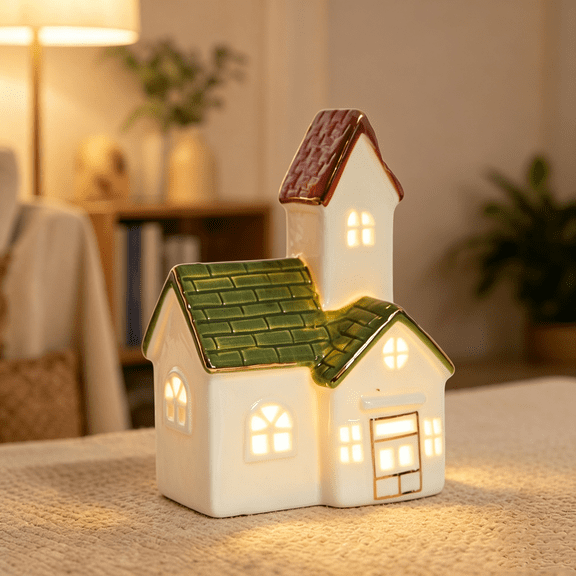 Christmas Decorations Light Up Ceramic House, Indoor Seasonal Tabletop Ornament for Living Room Bedroom Home Holiday Display