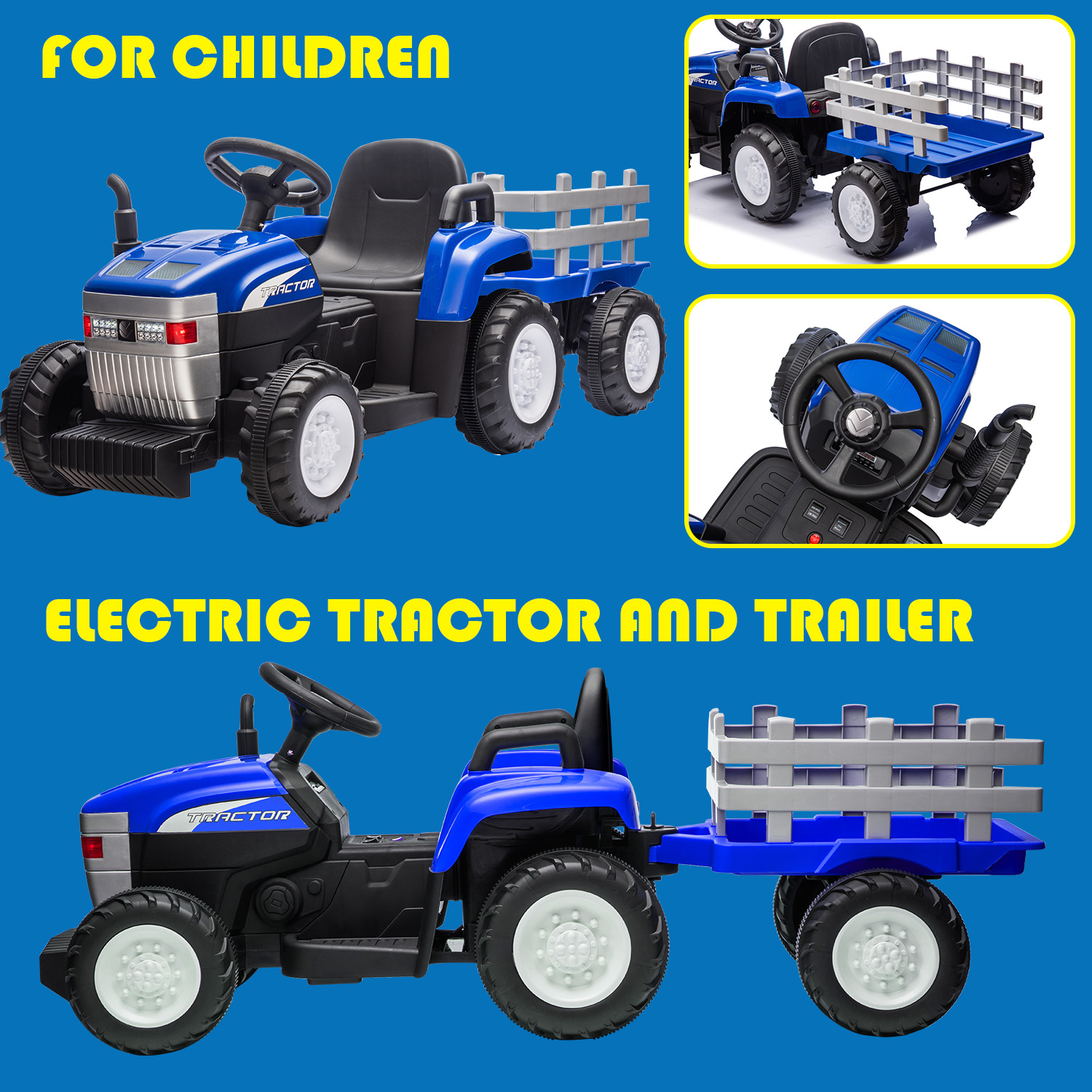 XCLOUD 12V Toy Tractor with Trailer, Remote Control, Kids' Electric Excavator Vehicles with 2x35W Dual Motor, Treaded Tires, LED Lights, USB, Music, Blue