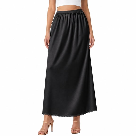 Women's Soft Satin Half Slip - Lace Long Underskirt for Under Dresses, Comfortable and Elegant