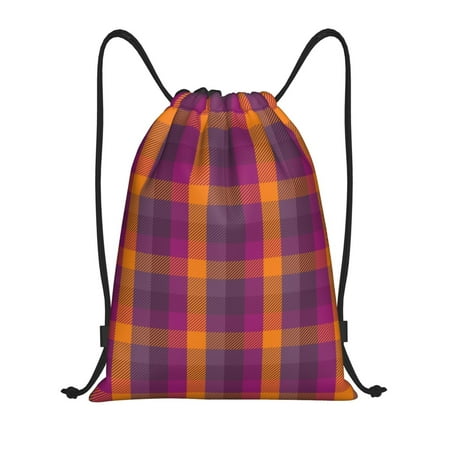 Zufioo Orange and Purple Plaid Sports Cinch Sack Gym String Bags Machine Washable Heavy Duty String Backpack for Men Women-Medium