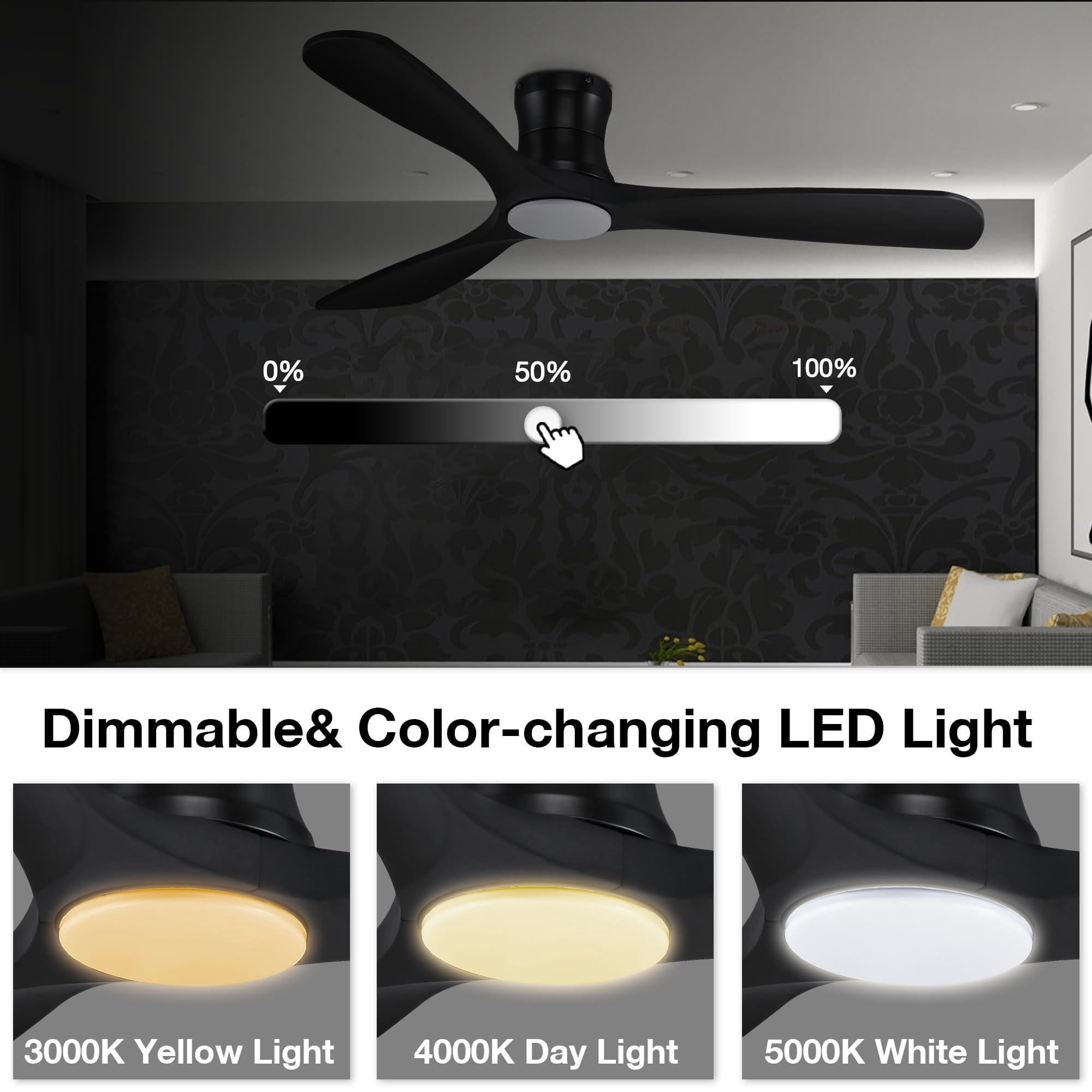 52 Inch Smart Wood Low Profile Ceiling Fan with Lights Remote,Quiet DC Motor, Modern Black for Bedroom Living Room Patio Porch, Outdoor Indoor Flush Mount Ceiling Fans Controlled by WIFI Alexa App