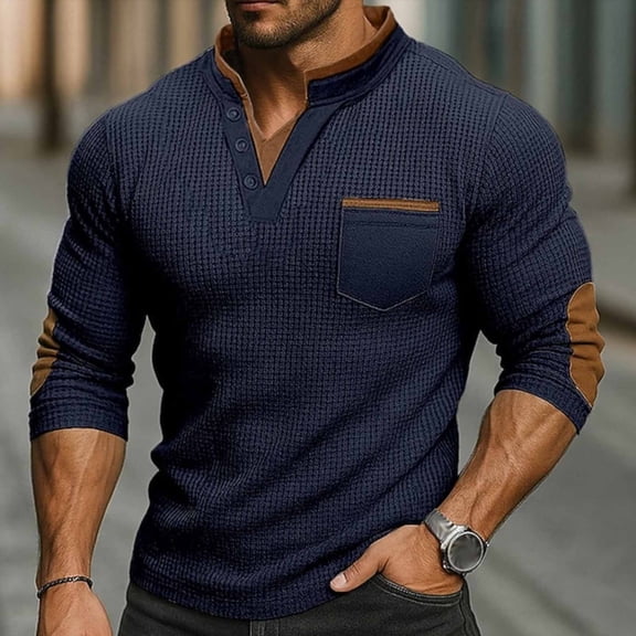 Kakii Men's Waffle Henley Shirt Long Sleeve V Neck Solid Color Fake Two-Piece Casual Streetwear Sports Fashion Top
