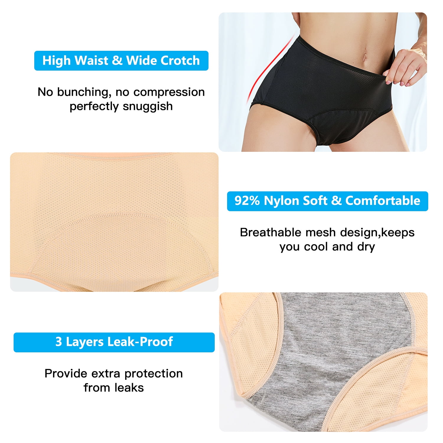 WBQ 4 Pack Plus Size Menstrual Period Underwear for Women Mid Rise Cotton  Postpartum Ladies Panties Menstrual Leak Proof Protective Briefs, XL-6XL/US