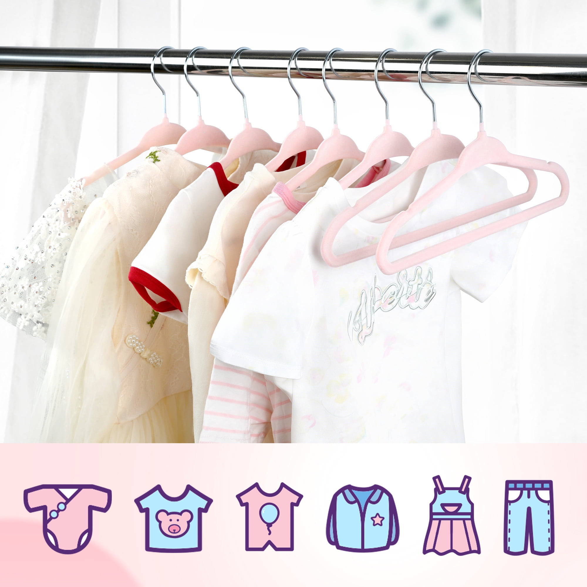 30 Pack Kids Hangers,Premium Velvet Strong and Durable Baby Hangers, Non-Slip Toddler Hangers, Baby Clothes Hangers With 360°Swivel Hook，11 ”Children Hangers, Pink