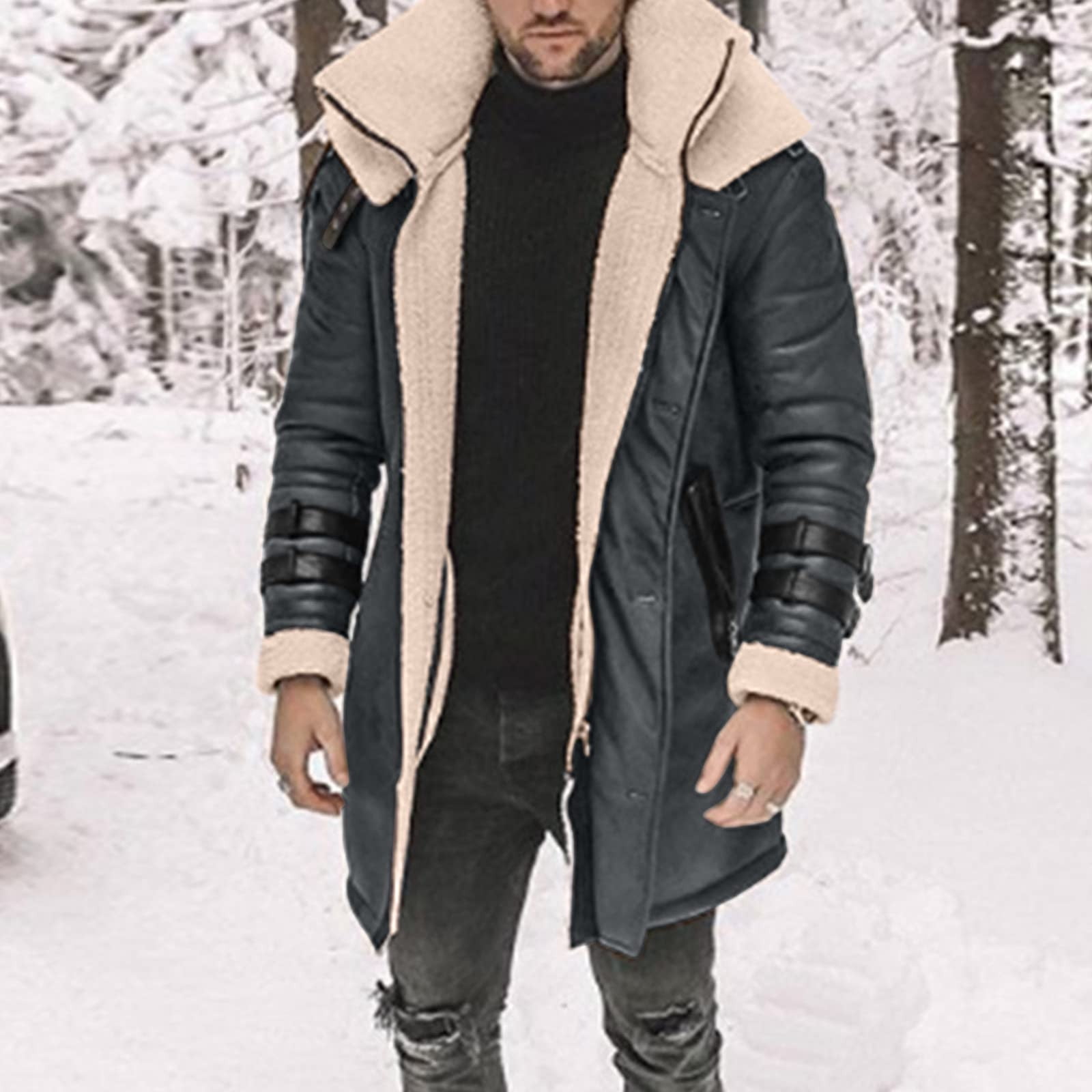 RongHuan Men's Big and Tall Faux Leather Coat Fleece Sherpa Lined Warm Trench Coats Winter Faux Fur Collar Jacket Thickened Long Sleeve Outwear