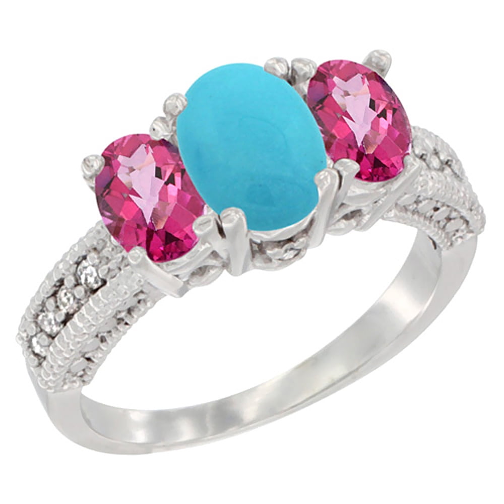 14K White Gold Diamond Natural Turquoise Ring Oval 3-stone with Pink Topaz, sizes 5 10 by WorldJewels