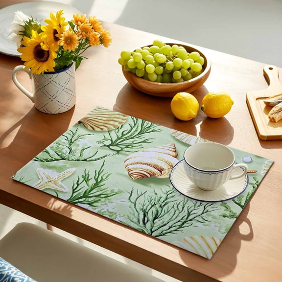 Ocean Seashell Placemats Set of 4, Nautical Vintage Sea Shell Starfish Seaweed Coral Non-Slip Place Mats Washable Table Mats for Kitchen Dining Table Decorations Indoor/Outdoor