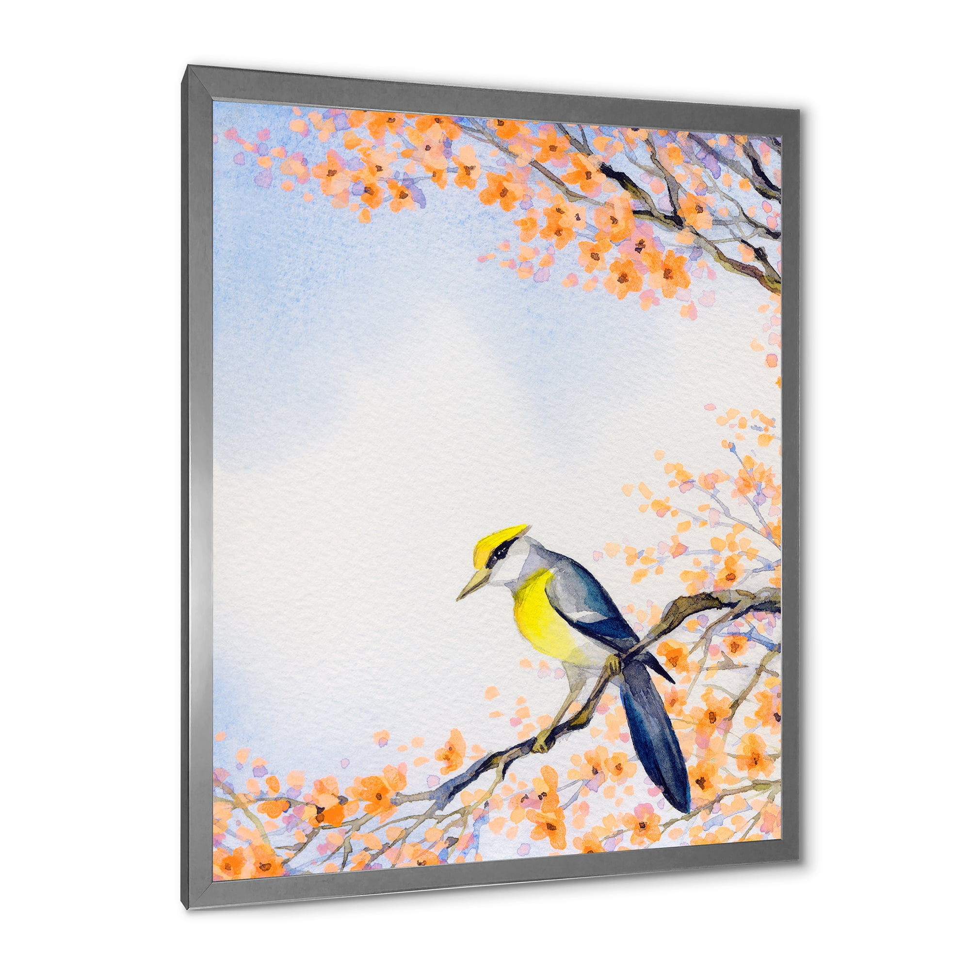 Beautiful Blue Bird Sitting On Flowering Branch II 30 in x 40 in Framed Painting Canvas Art Print, by Designart