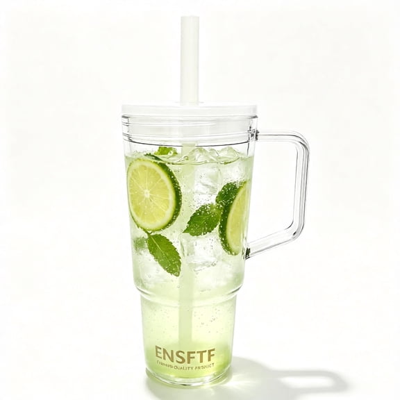 BPA-Free Double-Wall 40oz Clear Tumbler with Handle,Lid & Straw (White) Plastic Bottle,Crystal-Clear, Car Cup Holder Fit, On-the-Go Use, Leakproof,Reusable Straw