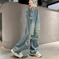 thumbnail image 4 of XIMIN Kids Girls Retro Hole-Punched Elastic Waist Cool Ripped Jeans Washed Denim Pants High Waisted Distressed Baggy Straight Wide Leg Ripped Denim Jean, 4 of 8