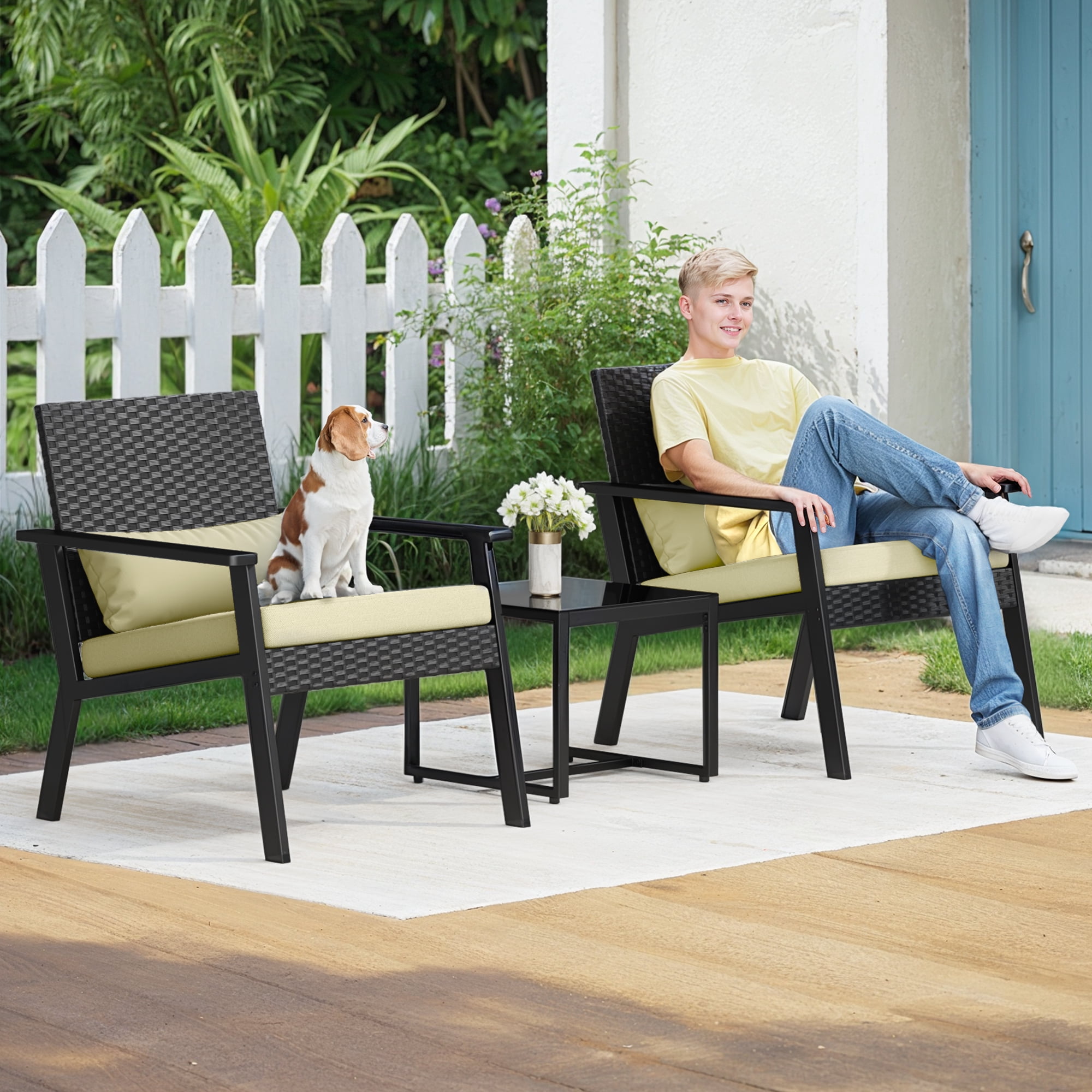 Outdoor Leisure Wicker Furnishing Pack Equipped with Clear Glass Table for Courtyard, Balcony and Entry Porch, Gray