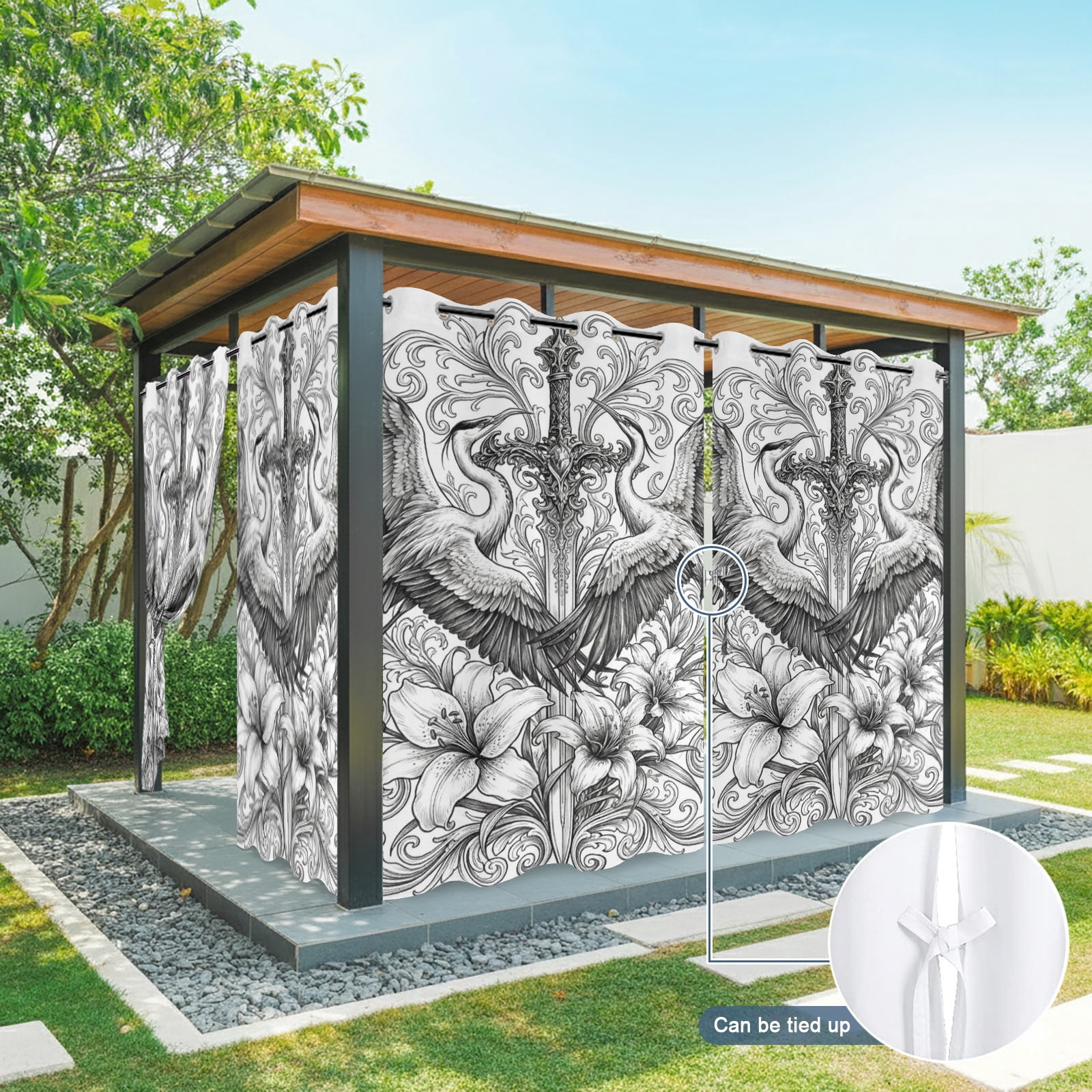 Sword Lily Flowers Outdoor Curtains for Patio, Floral Sword Goth Vintage Sunshade Privacy Drapes Grommet Waterproof Outside Curtains for Porch/Cabana/Balcony 54"x 108", 1 Panel
