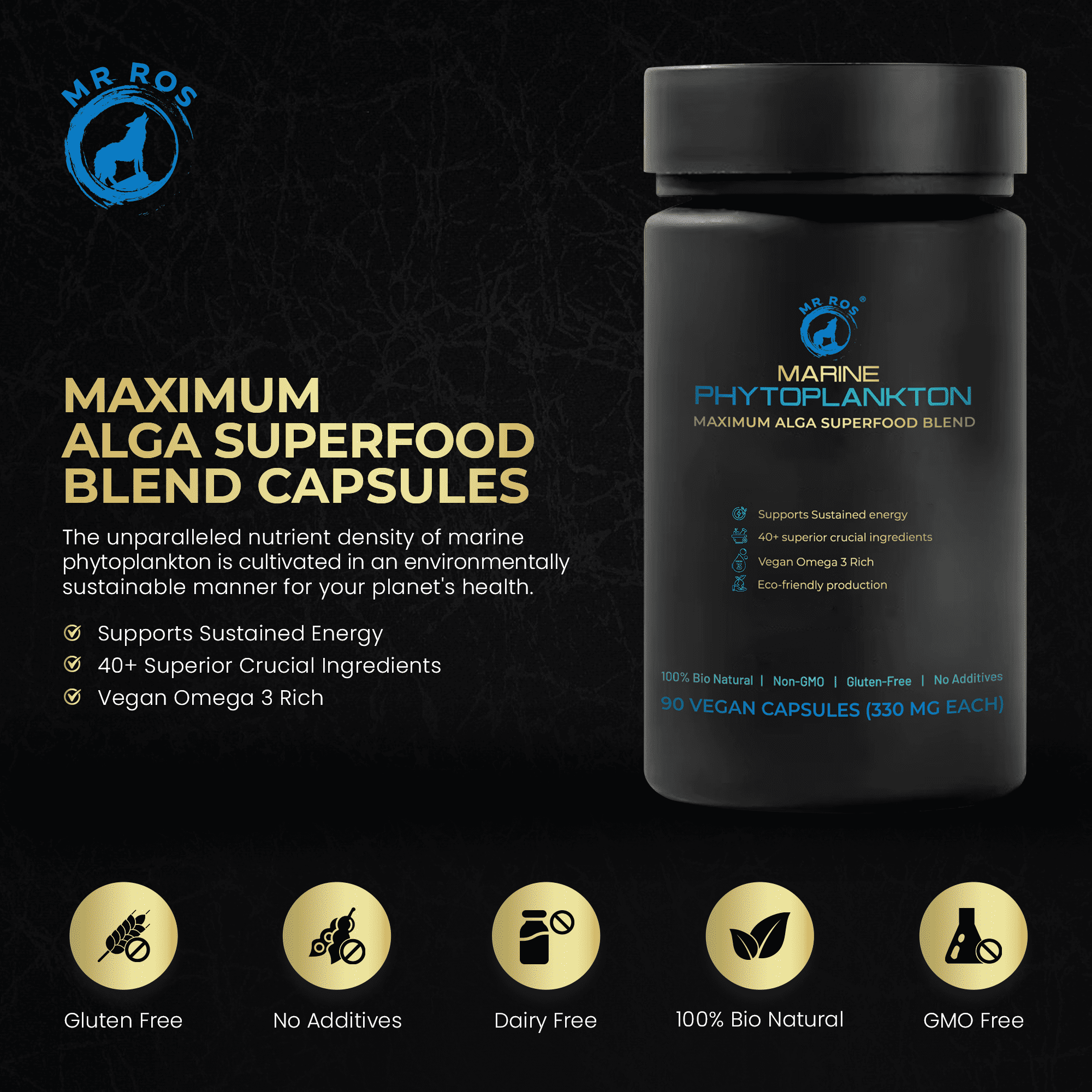 Mr. Ros Marine Phytoplankton – Vegan Omega-3 Supplement for Immune Supports – 90 Capsules