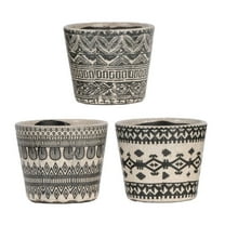 CC Home Furnishings Set of 3 White and Black Tribal Motifs Planters 5.5"