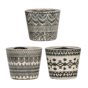 CC Home Furnishings Set of 3 White and Black Tribal Motifs Planters 5.5"