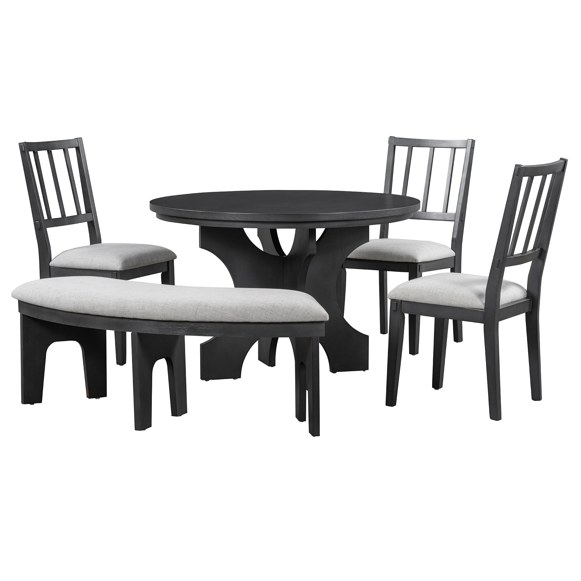 Euroco 5-Piece Round Dining Set,Rustic Kitchen Table Set with 3 Upholstered Chairs and Curved Bench for Dining Room/Kitchen/Living Room,Gray