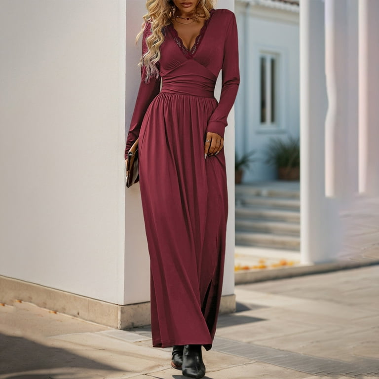 Efsteb Fall Dresses for Women Long Sleeve Lace V Neck Flowy Maxi Dress Waist Casual Long Dress with Slit (Wine,L), Women's, Size: Large, Red