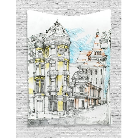 Medieval Decor Wall Hanging Tapestry, Pale Sketch Design Of Middle Age Renaissance Building In European Old Town Cityscape, Bedroom Living Room Dorm Accessories, By Ambesonne