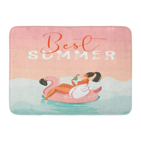 SIDONKU Abstract Fun Summer Time Girl Swimming on Pink Flamingo Float Circle in Blue Ocean Waves Modern Best Doormat Floor Rug Bath Mat 23.6x15.7