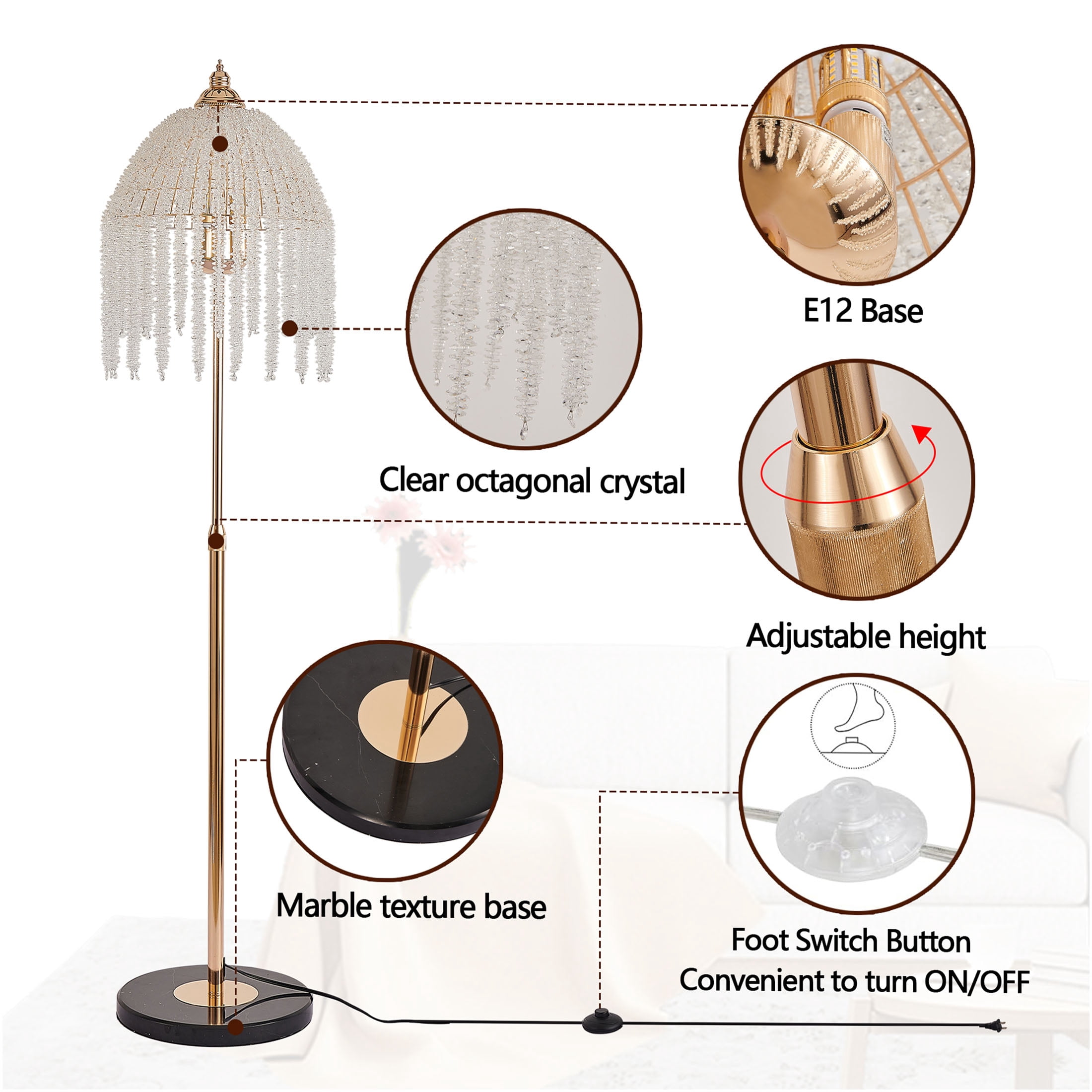 JERFIT 3-Light Crystal Floor Lamp with Waterfall Beads, Vintage Gold Iron Floor Light for Living Room, Bedroom, Office Decor, Plug-in with Foot Switch, No Bulbs Included