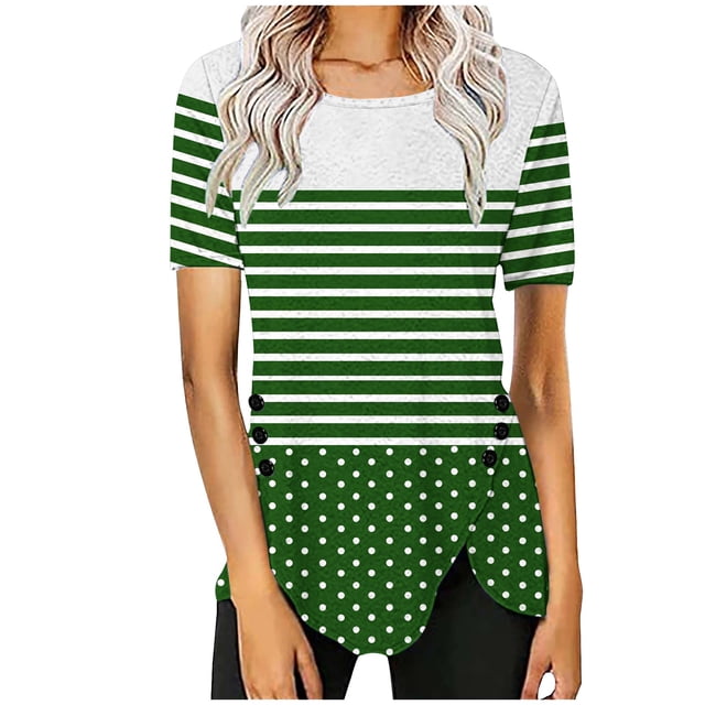 Blusas de Manga Corta para las Mujeres, Botón Impreso Casual Abajo Cuello Redondo Superior, Tela de Imitación Ligera